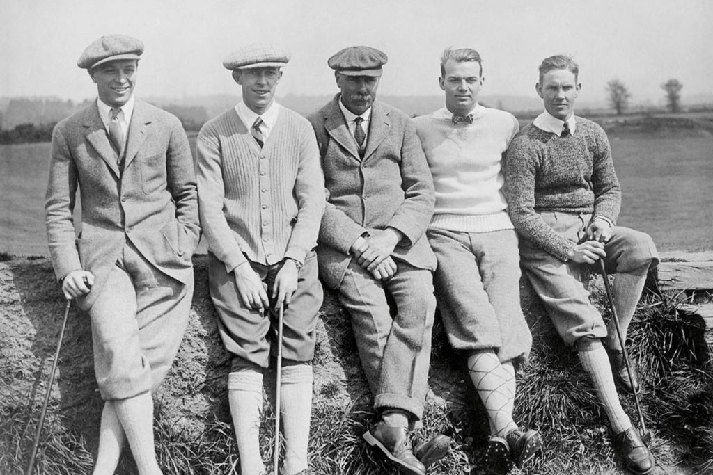 James Braid (m.) bei der Open Championship 1922 mit Robert Gardner, Francis Ouimet, Jess Sweetser und Harrison Johnston (v.l.) Rechts: Braid 1908 mit George Duncan