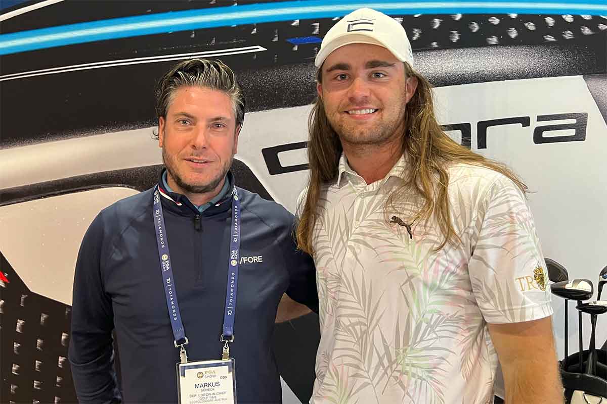 Markus Scheck (GOLF TIME, l.) und Kyle Berkshire auf der PGA Show 2023 in Orlando
