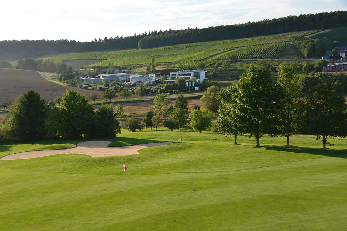 Inmitten von Weinbergen gelegen: Blick vom Golfplatz auf das Hotel Heitlinger Hof
