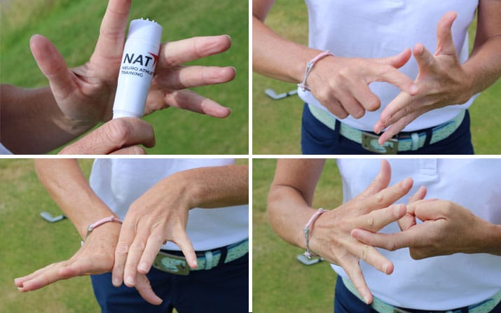 Sensorischen Innervationsgebiete und die peripheren Nerven aktivieren: Zwischen den Fingern die Haut reiben oder mit Vibration stimulieren