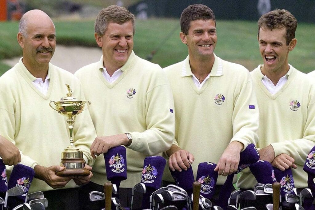 Ryder Cup 1999 in Brookline (v. l.): Kapitän Mark James,Colin Montgomerie, Jesper Parnevik, Antrew Coltart (Foto: picture-alliance)